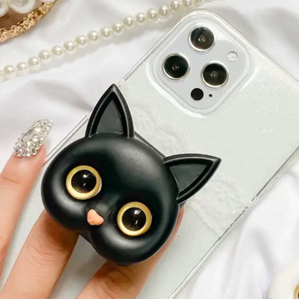 3D Black Cat Cell Phone Grip with Built-In Mirror